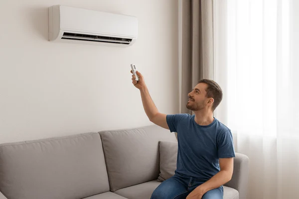 Cliente controlando aire acondicionado residencial con control remoto en Santo Domingo